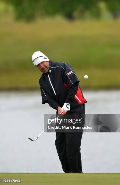 Jose Maria Olazabal of Spain chipping at the 18th green during the Nordea Masters Pro-Am day, at the PGA Sweden National on May 28, 2014 in Malmo,...