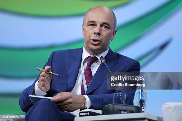 Anton Siluanov, Russia's finance minister, speaks during the Global CEO Summit on the opening day of the St. Petersburg International Economic Forum...