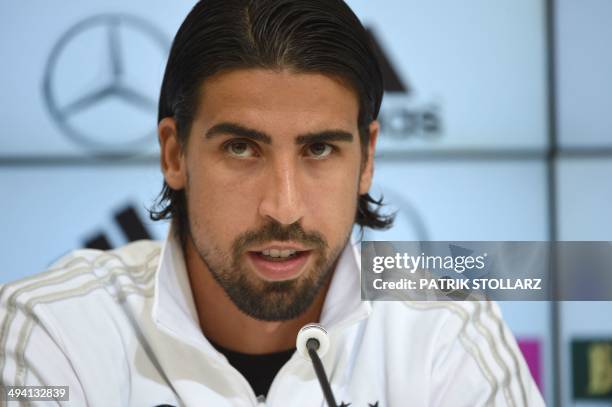 Germany´s midfielder Sami Khedira answers questions during a press conference of the German national football team on a training ground in San...