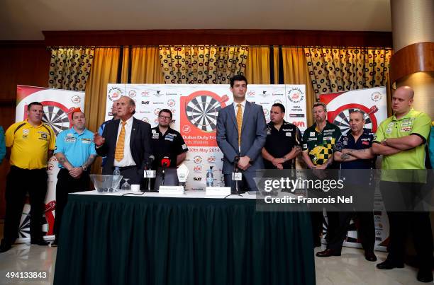 Colm McLouglin, Evecutive Vice Chairman Dubai Duty Free and Matt Porter, Chief Executive at Professional Darts Corporation attends during the draw...