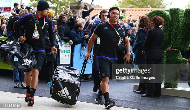 Liam Messam of New Zealand with Keven Mealamu of New Zealand during the Rugby World Cup Semi Final match between South Africa and New Zealand at...