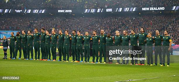 The South African team sings the National Anthem during the Rugby World Cup Semi Final match between South Africa and New Zealand at Twickenham...