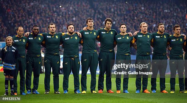 The South African team sings the National Anthem during the Rugby World Cup Semi Final match between South Africa and New Zealand at Twickenham...