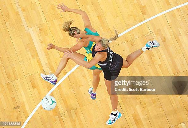 Casey Kopua of the Silver Ferns and Erin Bell of the Diamonds compete for the ball during the International Test match between the Australia Diamonds...