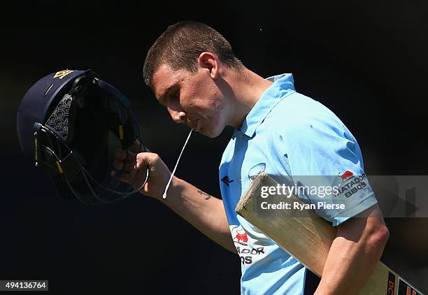 Nic Maddinson of the Blues looks dejected after being dismissed by Kane Richardson of the Redbacks during the Matador BBQs One Day Cup final match...