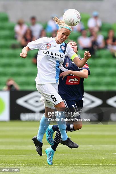 Aivi Luik of Melbourne City heads the ball during the round two W-League match between Melbourne City FC and Melbourne Victory at AAMI Park on...