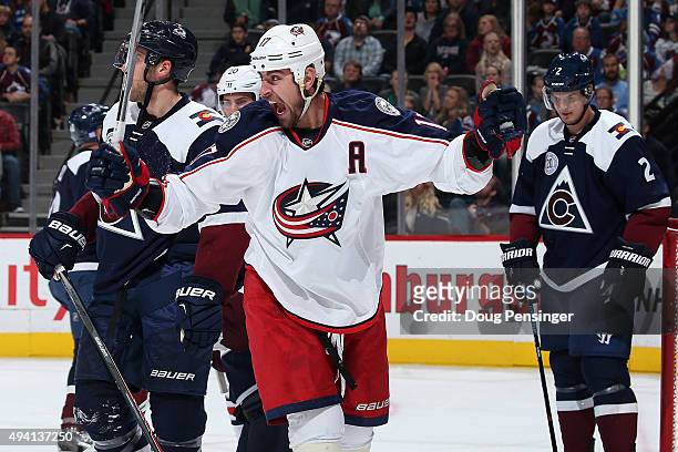Brandon Dubinsky of the Columbus Blue Jackets celebrates his goal against the Colorado Avalanche to take a 4-3 lead in the third period at Pepsi...