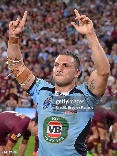 Robbie Farah of the Blues celebrates victory after game one of the State of Origin series between the Queensland Maroons and the New South Wales...