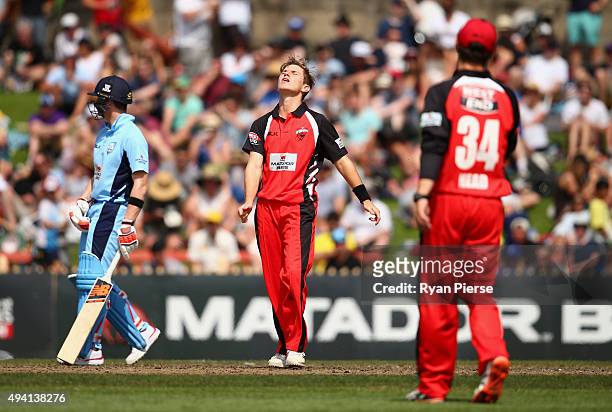 Adam Zampa of the Redbacks reacts while bowling during the Matador BBQs One Day Cup final match between New South Wales and South Australia at North...