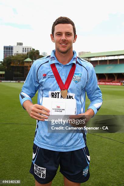 Josh Hazlewood of the Blues is announced 'Player of the Match' after winning the Matador BBQs One Day Cup final match between New South Wales and...
