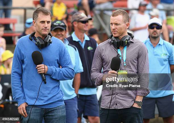 Former Test players Simon Katich and Chris Rogers commentate on radio during the Matador BBQs One Day Cup final match between New South Wales and...