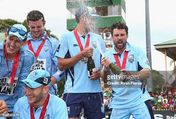 Ed Cowan of the Blues celebrates after the Matador BBQs One Day Cup final match between New South Wales and South Australia at North Sydney Oval on...