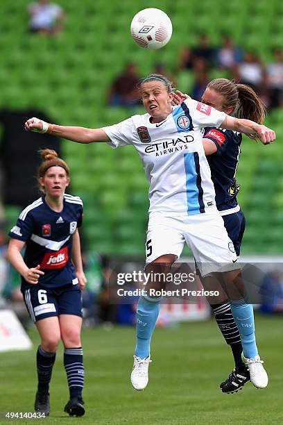 Amy Jackson of Melbourne City heads the ball during the round two W-League match between Melbourne City FC and Melbourne Victory at AAMI Park on...