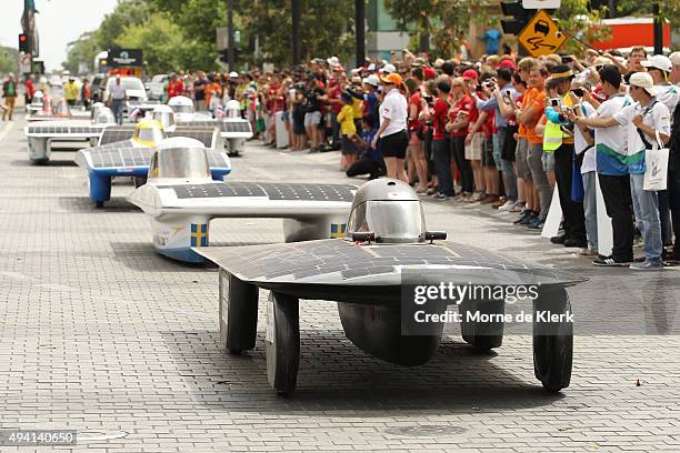 World Solar Challenge participants take part in a street parade after the 2015 Bridgestone World Solar Challenge at Wakefield Street on October 25,...