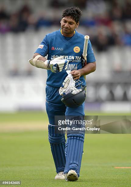 Kumar Sangakkara of Sri Lanka leaves the field after dismissed by Chris Jordan of England during the 3rd Royal London One Day International match...