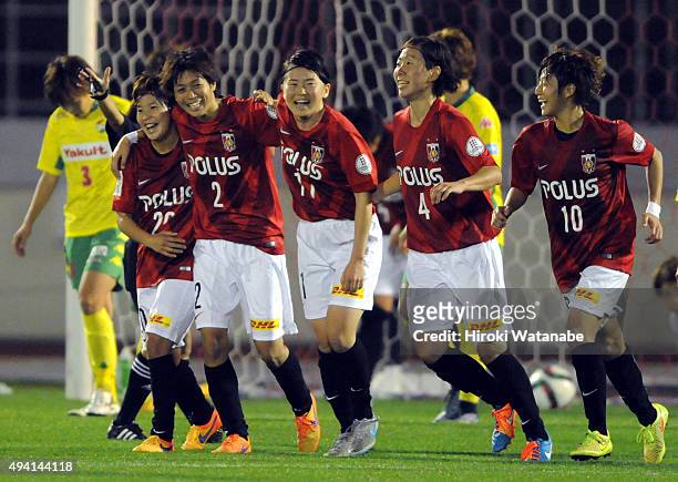 Kana Osafune of Urawa Reds Ladies celebrates scoring her team's second goal with her team mates during the Nadeshiko League match between Urawa Red...