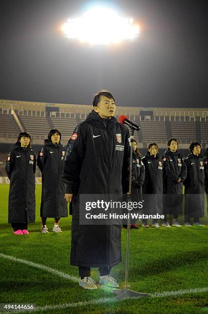 Captain Michi Goto of Urawa Reds Ladies talks to fans after the Nadeshiko League match between Urawa Red Diamonds Ladies and JEF United Chiba Ladies...