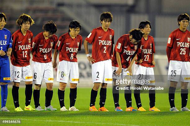 Urawa Reds Ladies players show their dejection after their 4-4 draw in the Nadeshiko League match between Urawa Red Diamonds Ladies and JEF United...