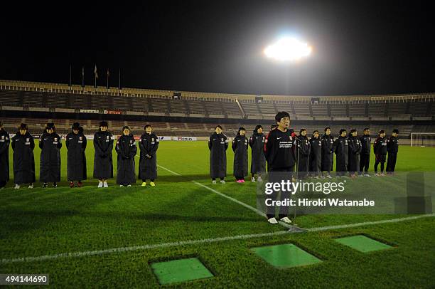 Urawa Reds Ladies head coach Yasushi Yoshida talks to fans after the Nadeshiko League match between Urawa Red Diamonds Ladies and JEF United Chiba...