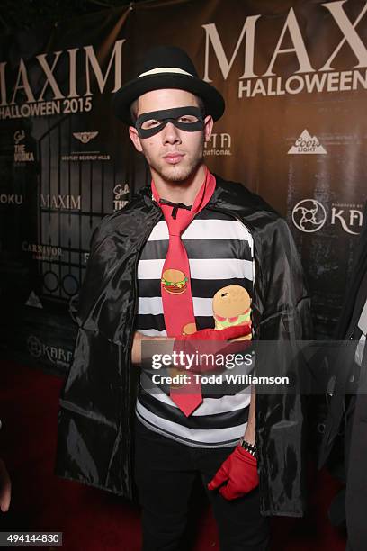 Recording artist Nick Jonas attends the Maxim Halloween Party Presented By Karma International on October 24, 2015 in Los Angeles, California.