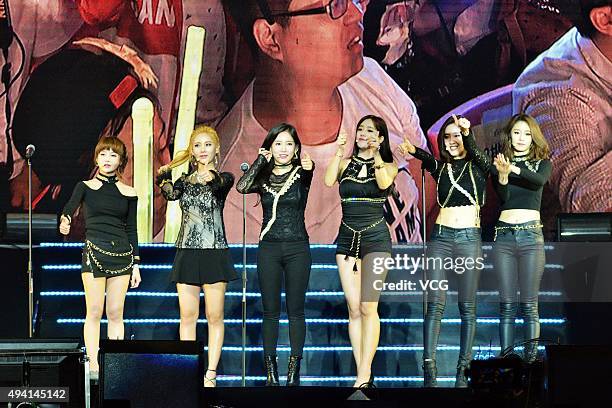 South Korean girl group T-ara perform onstage during a concert at Hefei Sports Center on October 24, 2015 in Hefei, Anhui Province of China.