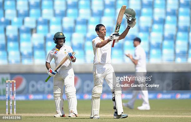 Younis Khan of Pakistan celebrates reaching his century during day four of the 2nd test match between Pakistan and England at Dubai Cricket Stadium...