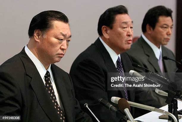 Outgoing Japan Sumo Association President Kitanoumi and incoming president Musashigawa attend a press conference after the Russian wrestlers...