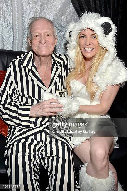 Hugh Hefner and model Crystal Hefner attend the annual Halloween Party, hosted by Playboy and Hugh Hefner, at the Playboy Mansion on October 24, 2015...