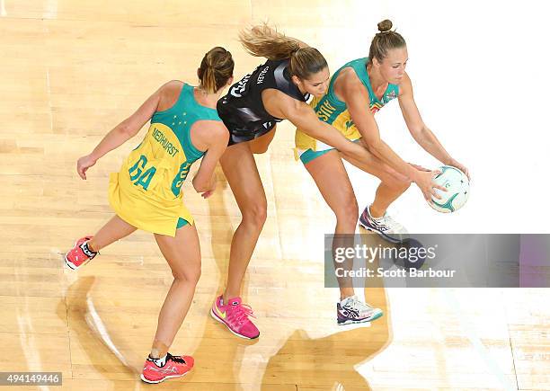 Kayla Cullen of the Silver Ferns and Paige Hadley of the Diamonds compete for the ball during the International Test match between the Australia...