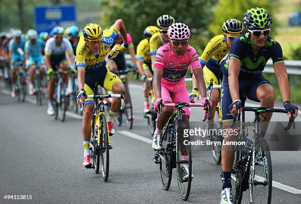 Nairo Quintana of Columbia and Movistar Team and wearer of the Maglia Rosa leader's jersey in action during the seventeenth stage of the 2014 Giro...