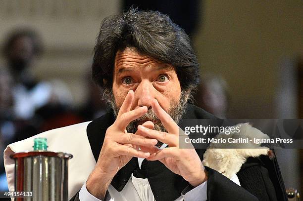 Italian philosopher Massimo Cacciari attends the ceremony to receives Laurea ad Honorem by the Università degli Studi of Bologna at Aula Magna of...