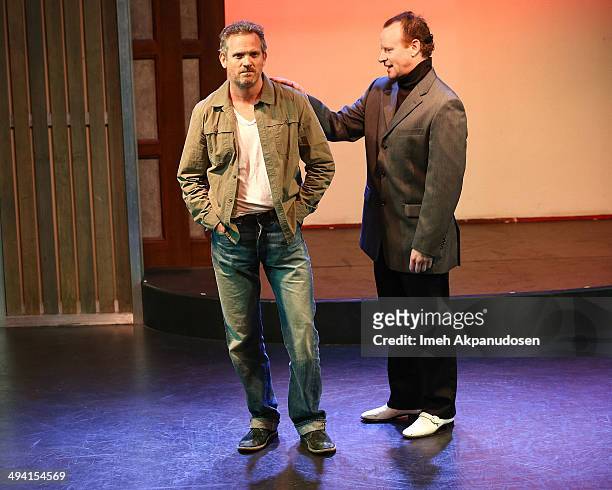 Actors Hugh Davidson and Larry Dorf perform onstage at The Groundlings Theatre's celebration of their 40th Anniversary with '2000's Decade Night' at...
