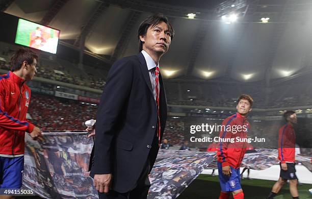 South Korean coach Hong Myung-Bo and his players attend the farewell event ahead of FIFA World Cup Brazil 2014 after international friendly match...