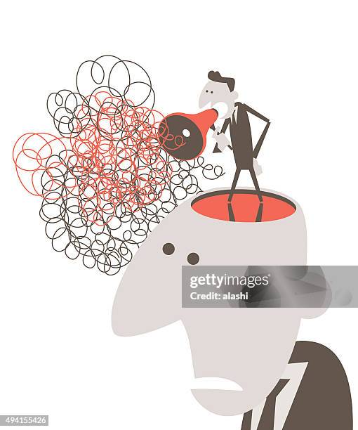 opened head, man speaking through megaphone with tangled messy line - open mind stock illustrations