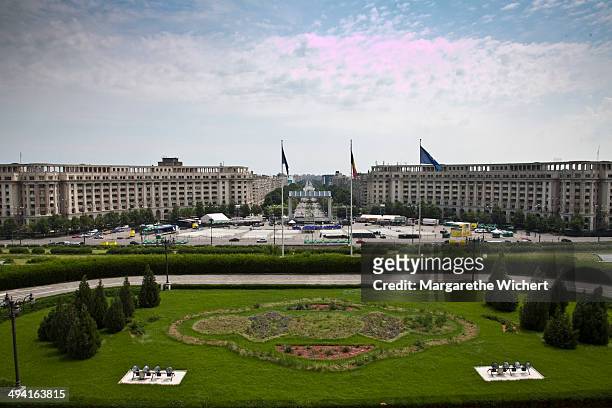 June 03: View from the Palace of the Parliament, built by former Romanian dictator Nicolae Ceausescu, on the Unification Boulevard on June 3, 2011 in...