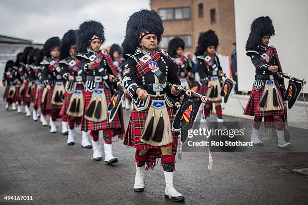 The Shree Muktajeevan Pipe Band greet Mayor of London Boris Johnson at the Shree Swaminarayan Mandir, a major new Hindu temple being built in...