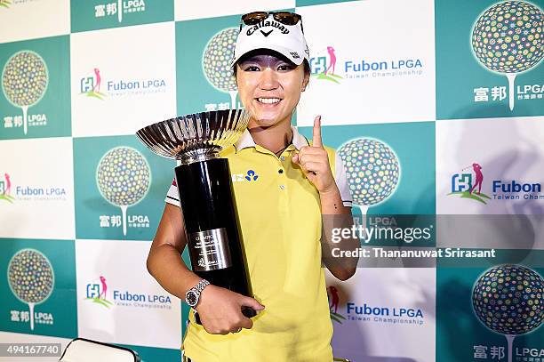 Lydia Ko of New Zealand poses with the trophy after winning 2015 Fubon LPGA Taiwan Championship on October 25, 2015 in Miramar Resort & Country Club...