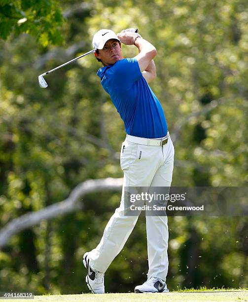 Rory McIlroy of Ireland plays a shot during the pro-am round prior to the Memorial Tournament presented by Nationwide Insurance at Muirfield Village...