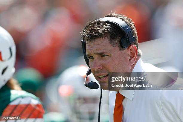 Head coach Al Golden of the Miami Hurricanes looks on during first quarter action against the Clemson Tigers on October 24, 2015 at Sun Life Stadium...