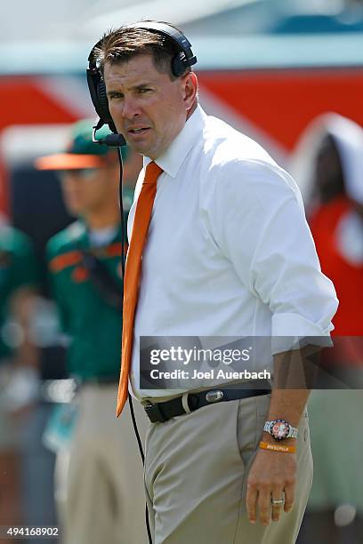 Head coach Al Golden of the Miami Hurricanes walks the sideline prior to the game against the Clemson Tigers on October 24, 2015 at Sun Life Stadium...