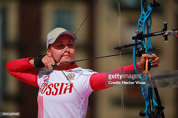 Mariia Vinogradova of Russia during the compound women's individual competition as part of the Mexico City 2015 Archery World Cup Final at Zocalo...