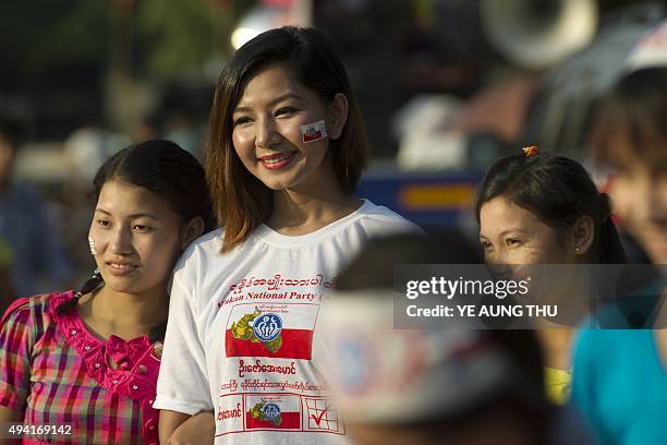 Rakhine ethnic people attend and listen during the ANP campaign for the upcoming November 8 general election in Yangon, Myanmar on October 25, 2015....