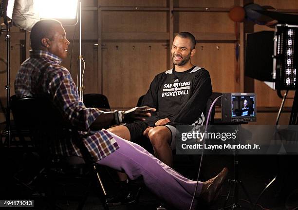 Tony Parker of the San Antonio Spurs sits down with Ahmad Rashad for a One on One exclusive interview for the NBA during Western Conference Finals of...