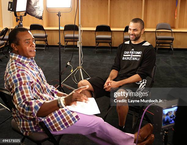 Tony Parker of the San Antonio Spurs sits down with Ahmad Rashad for a One on One exclusive interview for the NBA during Western Conference Finals of...