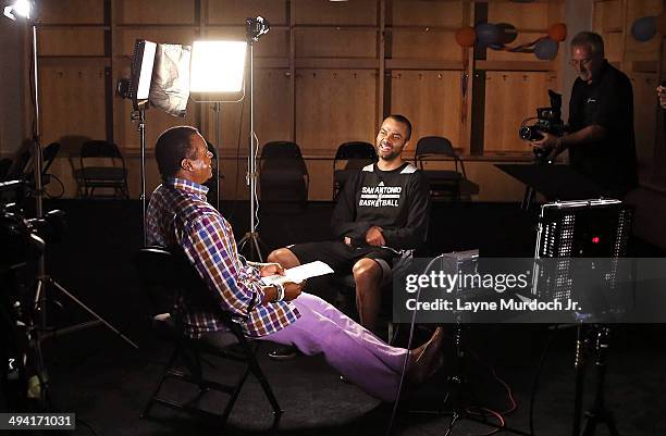 Tony Parker of the San Antonio Spurs sits down with Ahmad Rashad for a One on One exclusive interview for the NBA during Western Conference Finals of...