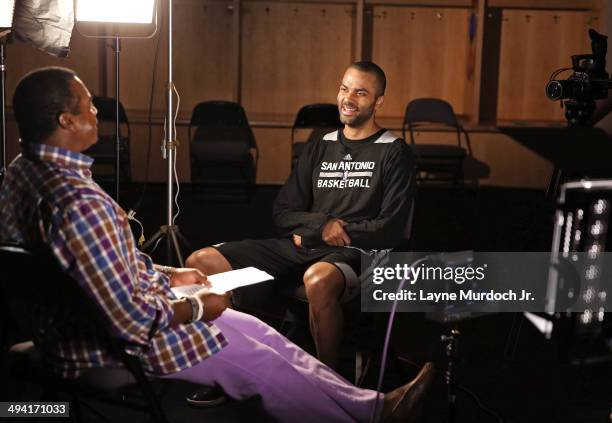 Tony Parker of the San Antonio Spurs sits down with Ahmad Rashad for a One on One exclusive interview for the NBA during Western Conference Finals of...