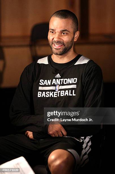 Tony Parker of the San Antonio Spurs sits down with Ahmad Rashad for a One on One exclusive interview for the NBA during Western Conference Finals of...