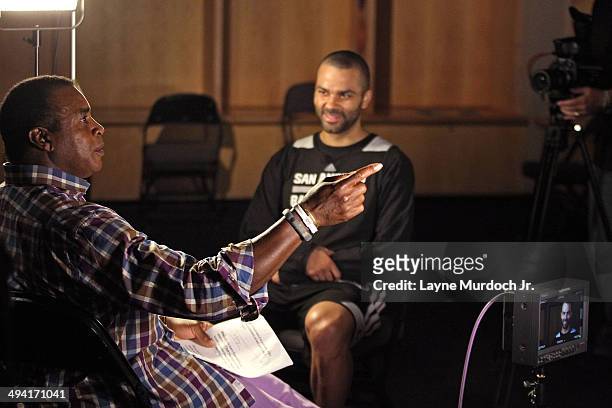 Tony Parker of the San Antonio Spurs sits down with Ahmad Rashad for a One on One exclusive interview for the NBA during Western Conference Finals of...