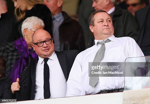 Newcastle owner Mike Ashley stands alongside Managing Director Lee Charnley prior to the Barclays Premier League match between Sunderland and...