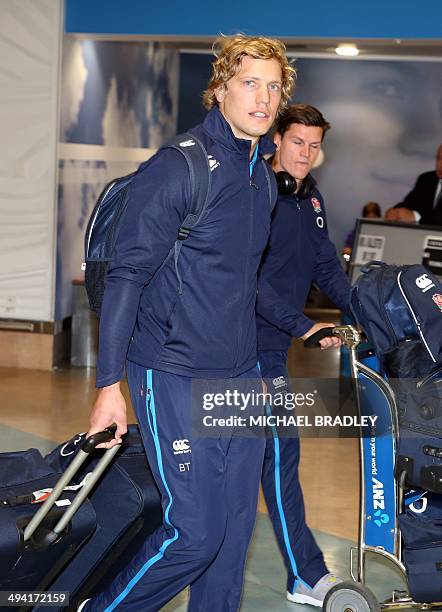 Billy Twelvetrees from the English rugby team arrives at the Auckland International Airport in Auckland on May 29, 2014. The England Rugby team are...